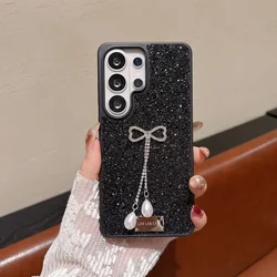 Elegant Diamond Bowknot Pearl Pendant Glitter Phone Case with Shockproof TPU Bumper - Galaxy S23 Ultra (Black)