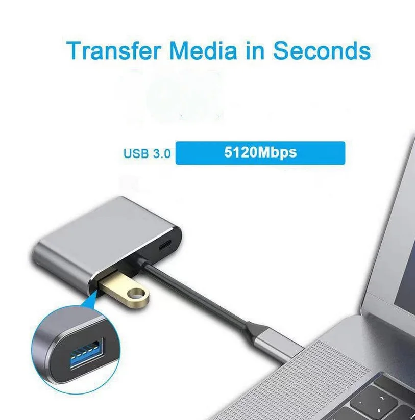 4K USB-C to HDMI/VGA Adapter with USB 3.0 Hub for Monitors, PCs, Phones, and TVs