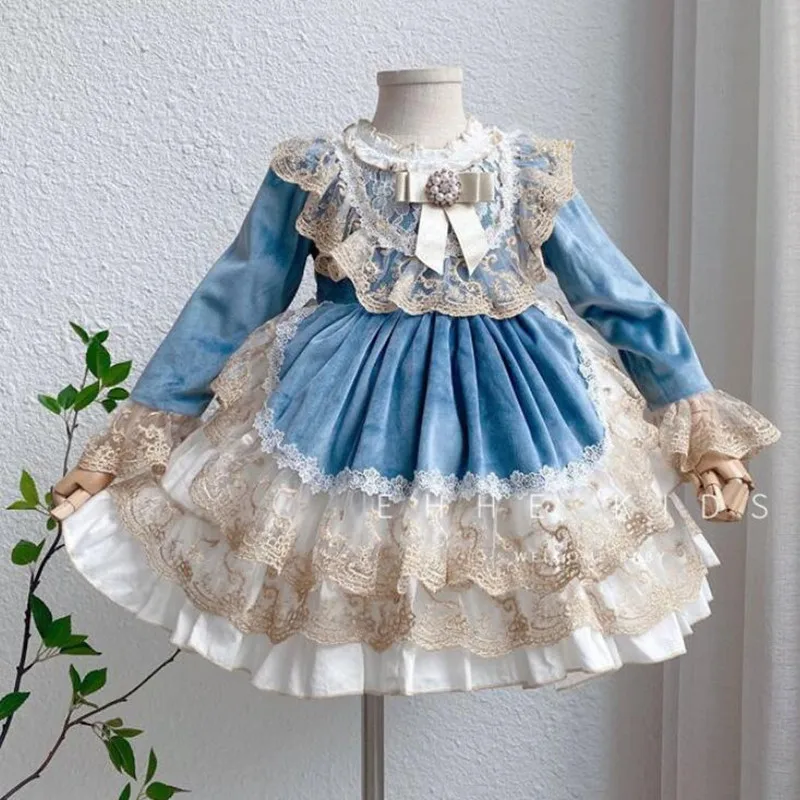 

Spanish Vintage Lolita Baby Girls Princess Ball Gown Children Lace Bow Long Sleeve Birthday Party Performance Dresses y788