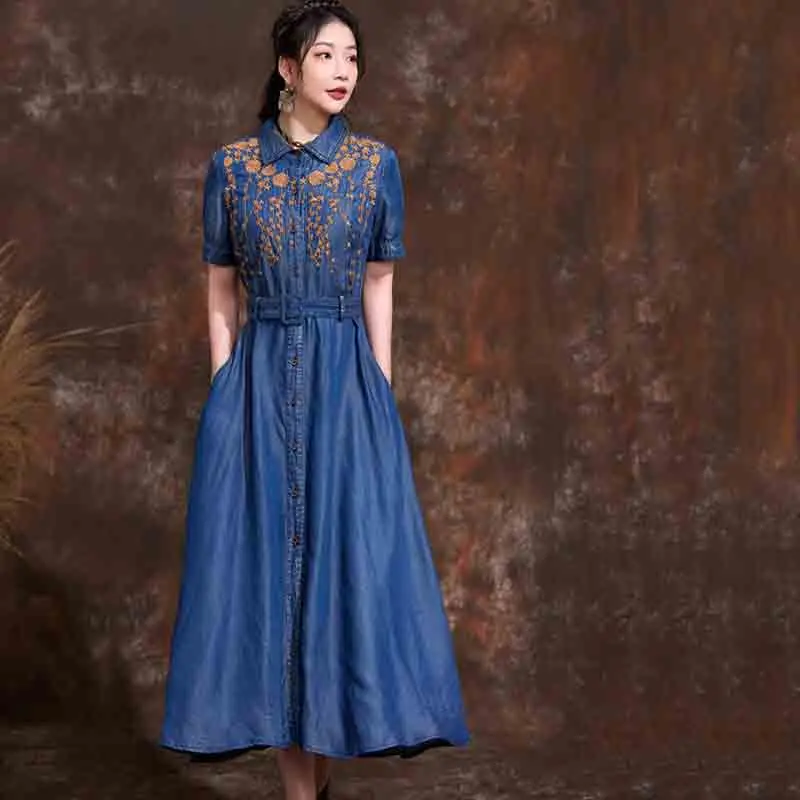 

Vintage Embroidered Lapel Temperament Denim Women's Long Dress 2023 New Fashion Premium Summer Casual Belt Women's Dress NBH817