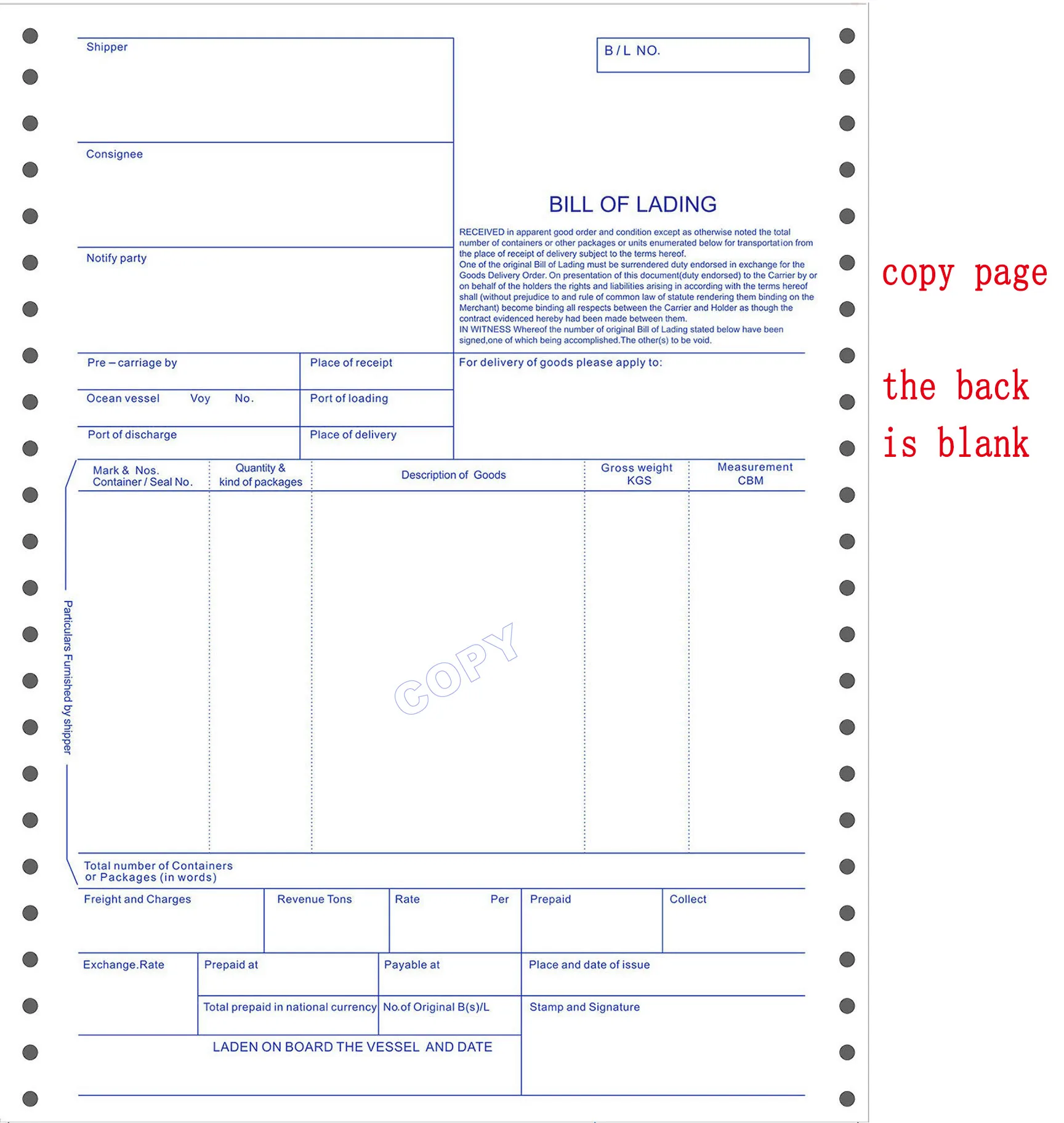 Neutral OCEAN bill of lading, Nvocc 3 originals, 3 copies，6 pages, General international Logistics MBL LCL，paper