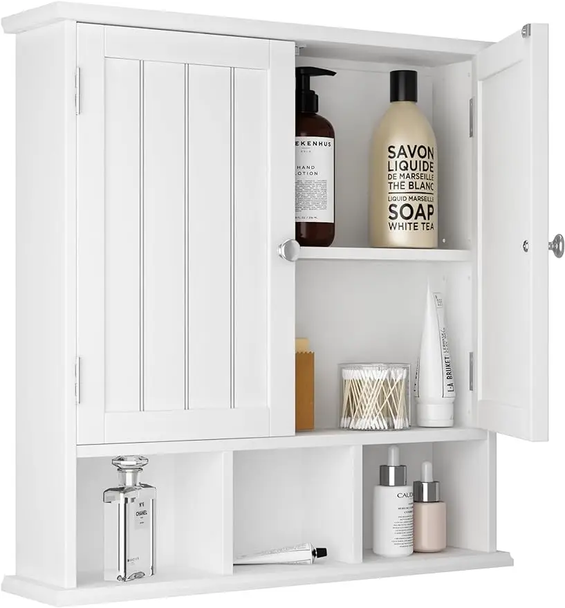 

Bathroom cabinet Wall mounted 2 doors with 3 open shelves, wooden medicine cabinet with adjustable shelves