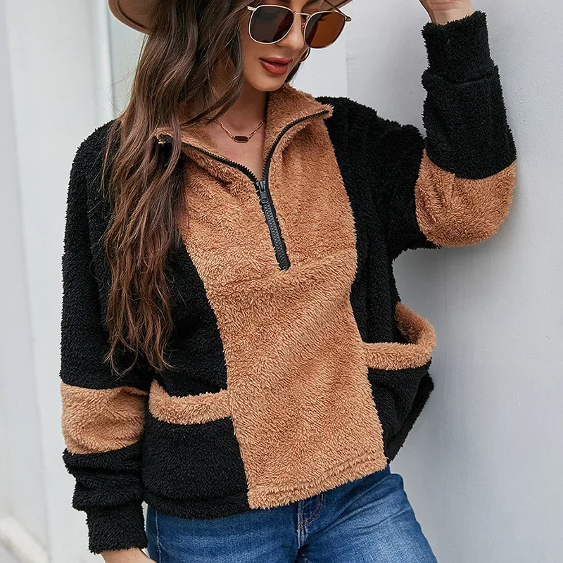 2021 Autumn Women's Lapel Fashion Pullover Street Style Zipper Sweater Trend New Loose Long-sleeved Pullover Plush Sweater Women