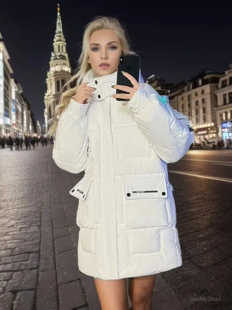 

2024 Winter Fashion Down Cotton Jacket Women Zipper Loose Parkas Coat White Female Solid Thickened Hooded Warm Puffer Jackets