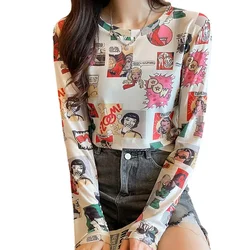 Cartoon Printing Long Sleeve Mesh T Shirts Women Transparent Sunscreen Mesh Tops Woman Strechty Thin Mesh Tees dis0