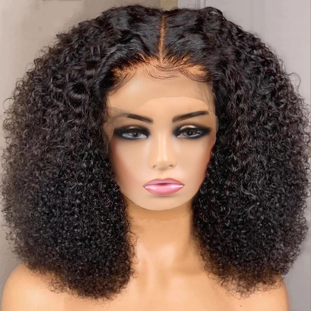 Afro Kinky Curly Wig Cheap Human Hair Wigs T Part Transparent Lace Short Curly Bob Hair Wig 250 Density Full Wigs For Women