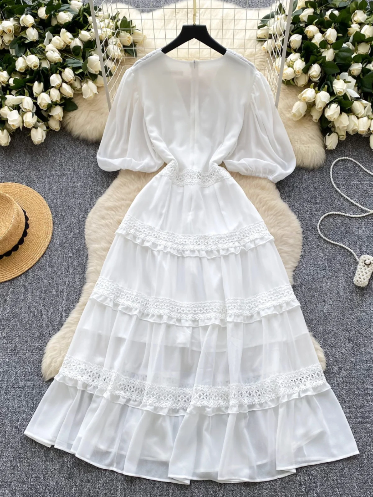 Women Elegant Party Long Dress Summer Sexy V-neck Lantern Sleeve Lace  Patchwork Dresses Elegant Ladies Vintage Long Robe - AliExpress 200000345