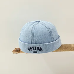 Children's Blue Denim Brimless Beanie with Drawstring Bonnet - 48-50CM fit 1-3Y (A Style 1)