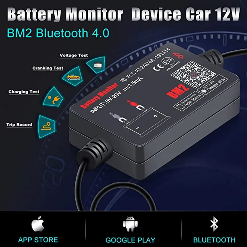 QUICKLYNKS BM2 Bluetooth 4.0 12V Car Battery Monitor Device Car Battery Tester Diagnostic Tool For Android IOS Phone Hot