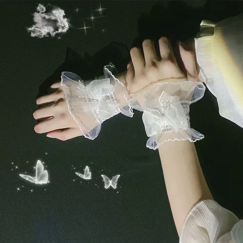Lolita Loli False Sleeve Wrist Cuffs Fashion Bow Mesh Tulle Lace Gloves Women Girls Wedding Party Bracelet Wristband cosplay wrist cuffs cosplay bracelet