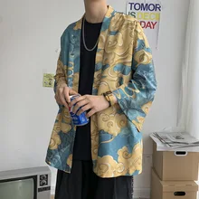 

3/4 Sleeve Cotton Men Kimono Robe Casual Loose Hanfu Chinese Style Print Auspicious Clouds Thin Jacket Summer 5XL Home Cardigan