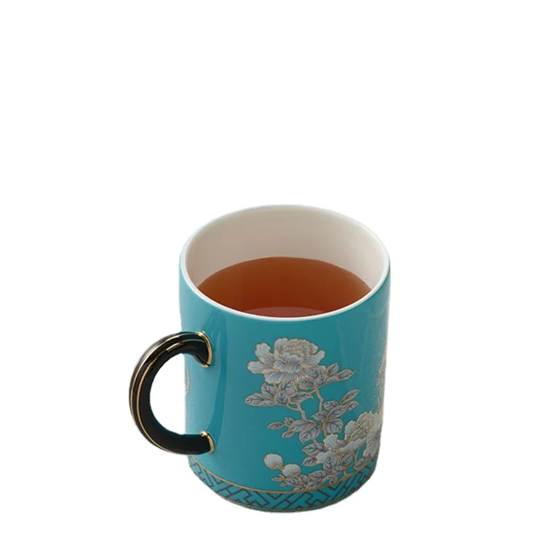 Ink Peony Ceramic Mug Teacup Water Cup 350ml Exquisite Gift in-Glaze Decoration
