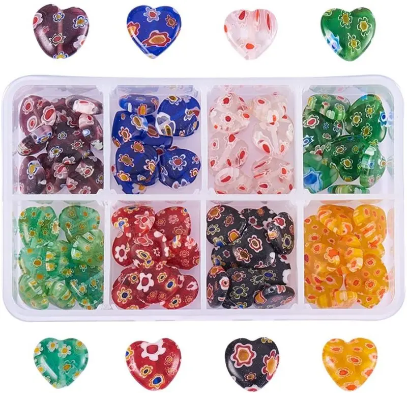 

12mm Lampwork Flat Heart Glass Beads 80Pcs 8Colors Millefiori Spacer Beads Love Heart Bead Charms for DIY Jewelry Bracelet