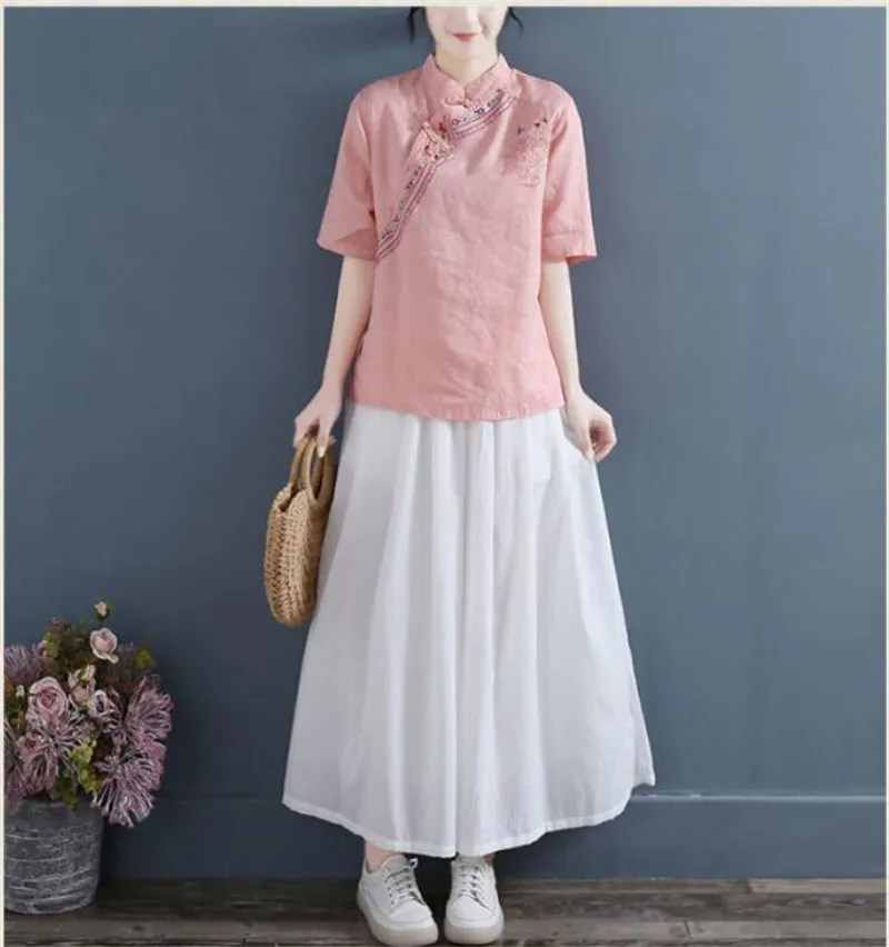 Traditional Chinese Shirt Retro Folk Tea Clothing China Style Tops Embroidery Women Daily Cotton Linen Blouse Spring Summer