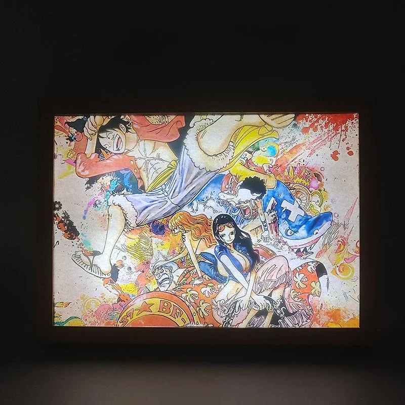 

One Piece Anime Light and Shadow Light Painting Three Color LED Bedside Bedroom Night Light A4 Wall Mounted Solid Wood Frame