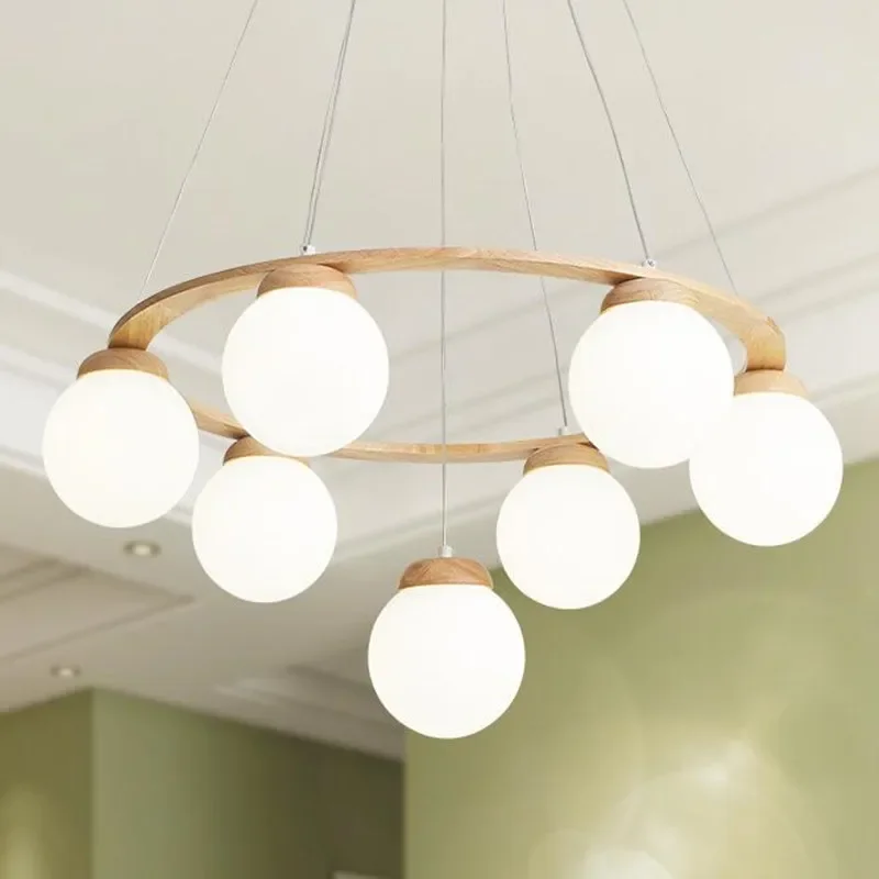 

Nordic Pendant Lamp For Kitchen Island Decor Modern Dining Room Wood LED Chandelier E27 White Glass Ball Hanging Light Fixtures