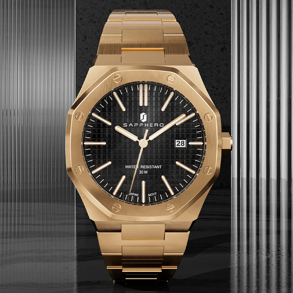SAPPHERO Watches for Men Luxury Business Rose Gold Wristwatch Luminous Date 30M Waterproof Quartz Mens Stainless Steel Watch