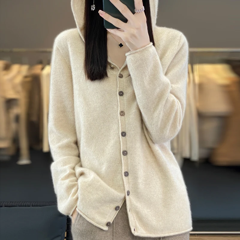 Fall/Winter 2024 New 100% Merino Sweater Women's Hooded Cardigan Loose Sweater Long Sleeve Button Knitted Sweater Jacket 5
