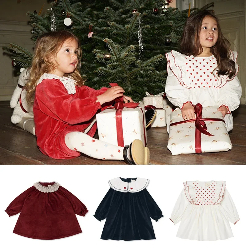 

In Stock! Girls Christmas Dress 2023 Autumn Winter New KS Christmas New Year Velvet Lace Collar Embroidery Children's Dress