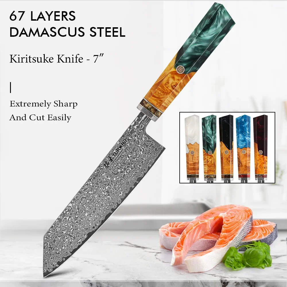 

TURWHO 7" Japanese Hand Forged Kiritsuke Chef Knives 67 Layer Real Damascus Steel VG10 Core Kitchen Santoku Knife Resin Handle