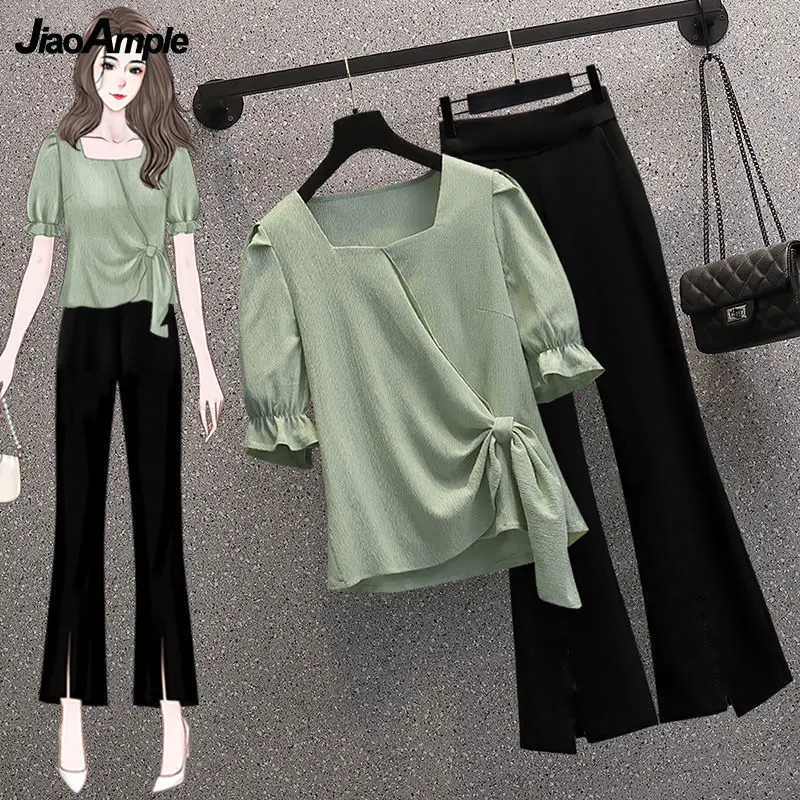 Women's Tracksuit Korean Elegant Square Neck Puff Sleeve Chiffon Top+pants Two-piece Set 2022 Summer Fashion Blouse Trouser Suit