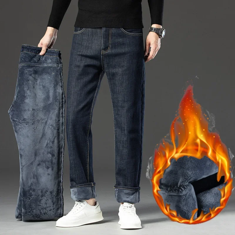 All-match Retro Denim Trousers Winter High Quality Men's Warm Slim Fit Jeans Thicken Fleece Stretch Business Brand Pants 28-40 5