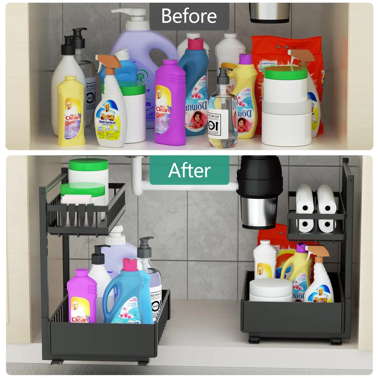 Under Sink Organizer and Storage Height Adjustable Pull Out Cabinet Organizer 2 Tier Slide Out Sink Shelf Cabinet Storage Shelve