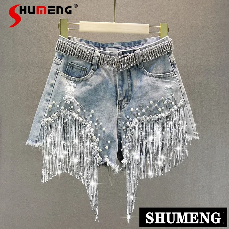 Female Denim Shorts 2022 Summer New High Waist Slimming Heavy Beaded Sequin Fringed Ripped Wide Leg Pants Jeans Shorts