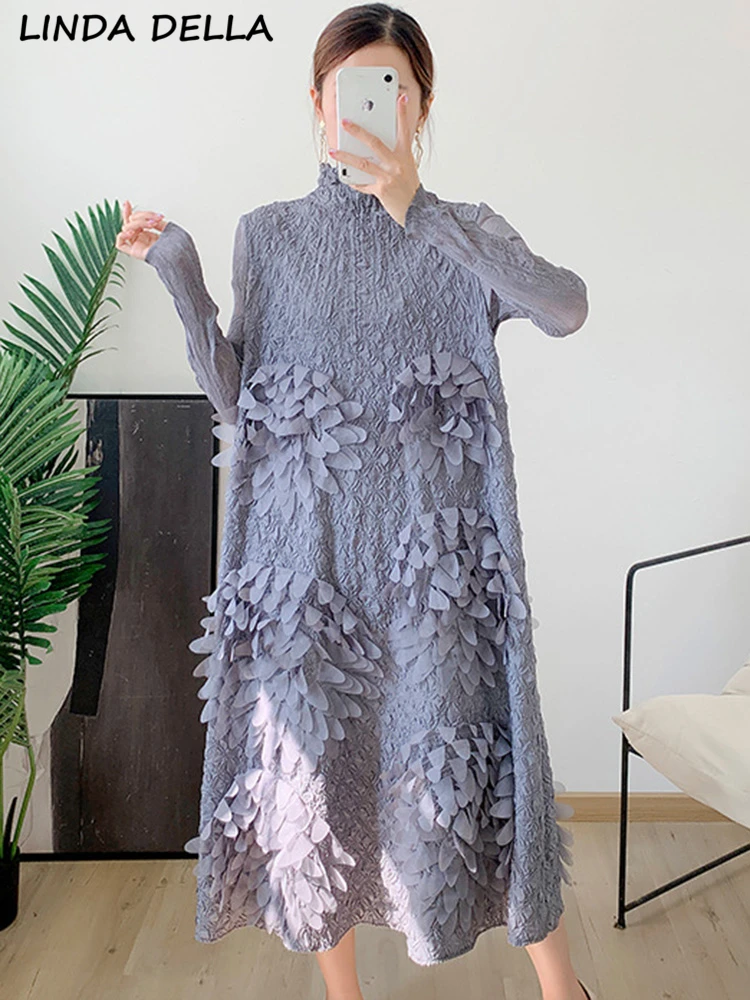 

LINDA DELLA Summer Fashion Designer Gray Vintage Pleated Dress Women's Stand Neck Long Sleeve Appliques Casual Loose Midi Dress