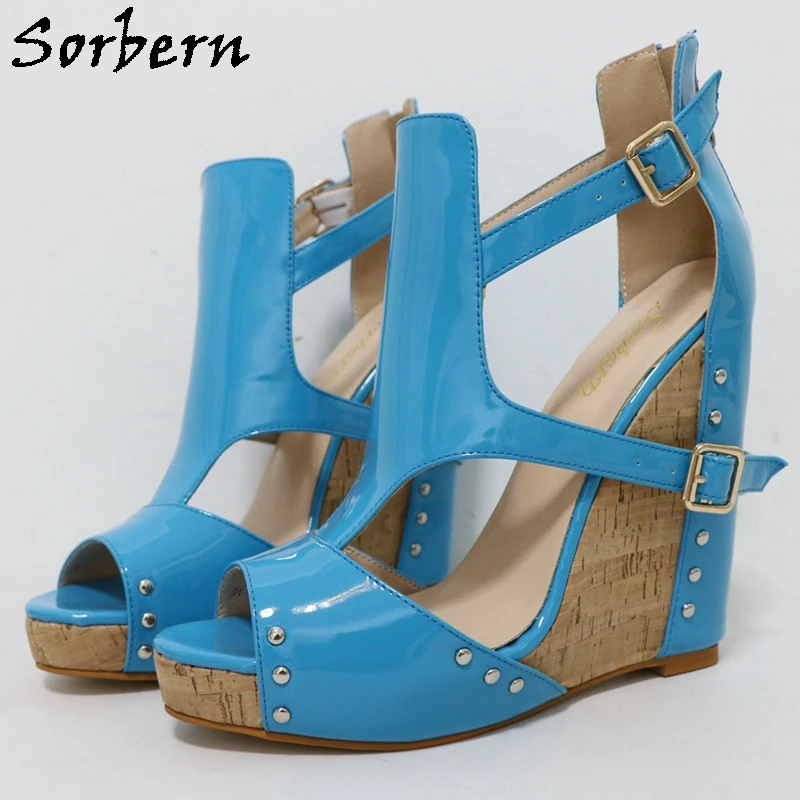 

Sorbern Blue Shiny Women Sandals Unisex Rivets Cork Wedge High Heel Platform Back Zipper Buckles Strap Custom Large Size 42