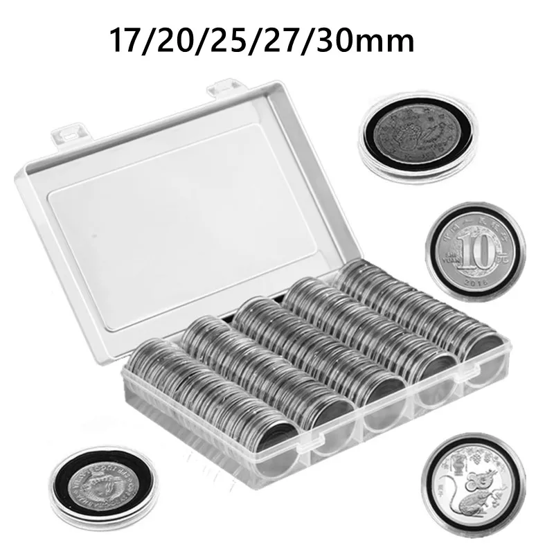 100pcs Coin Capsules 5 Sizes (17/20/25/27/30mm) Protect Gasket Coin Holder Case with Plastic Storage Box,for Coin Collection