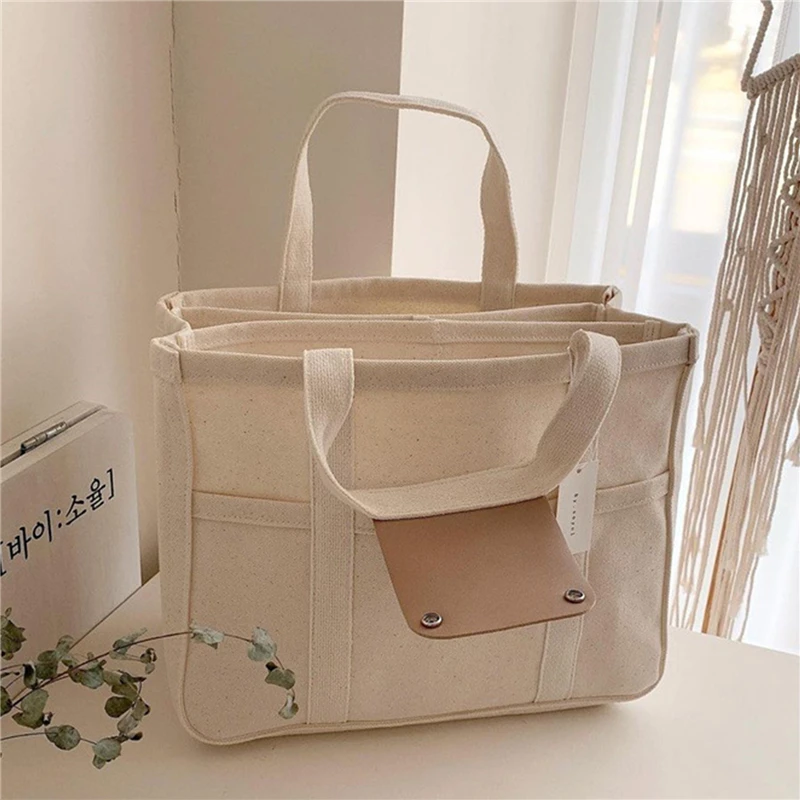 Trendy Multi-pocket Divider Canvas Tote Bag All-match Solid Color Shoulder Bag Perfect Casual Crossbody Bag For Commuting