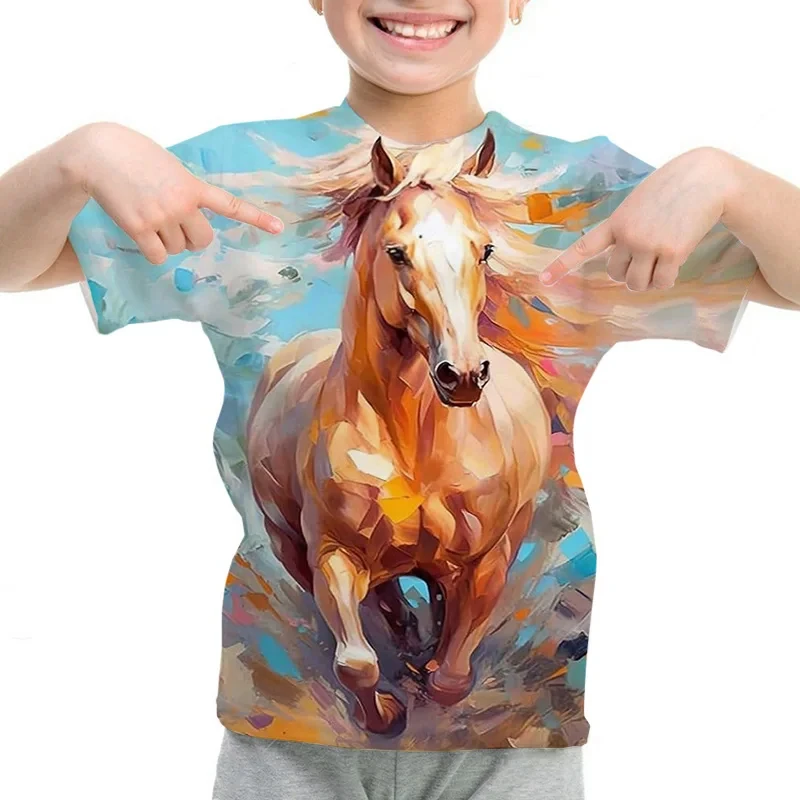 Children Clothes White Horse Print T-Shirt Casual Kids Clothes Boys Girls T Shirt Short Sleeve Tops Summer Children Tshirt