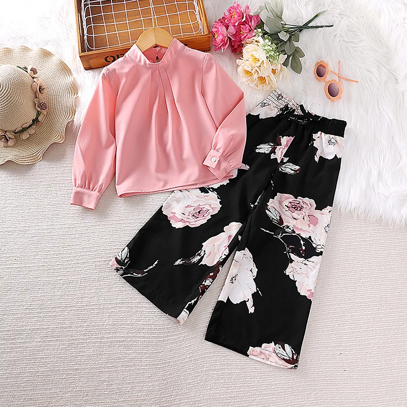 

European American Girls' Clothing Set 2023 Autumn New Korean 4-7 Year Kid's Long Sleeve Top Foreigner Printed Pant Two Piece Set