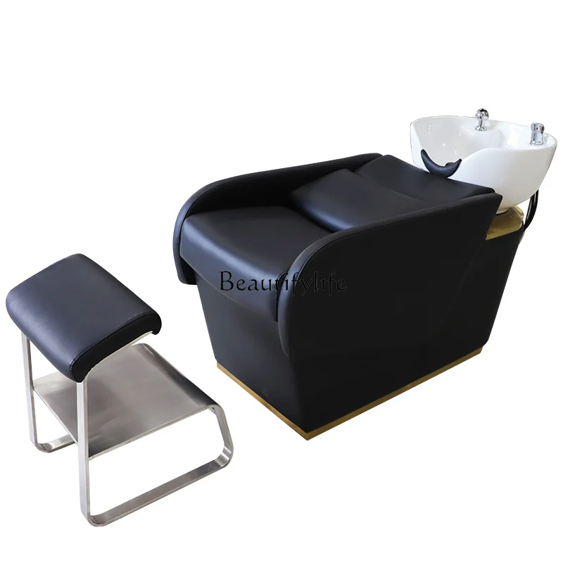 Ceramic Basin Shampoo Chair Hair Saloon Dedicated Sitting Half Lying Stainless Steel Flushing Bed High-End barber shop shampoo chair simple hairdressing lying half stainless steel flushing bed ceramic basin