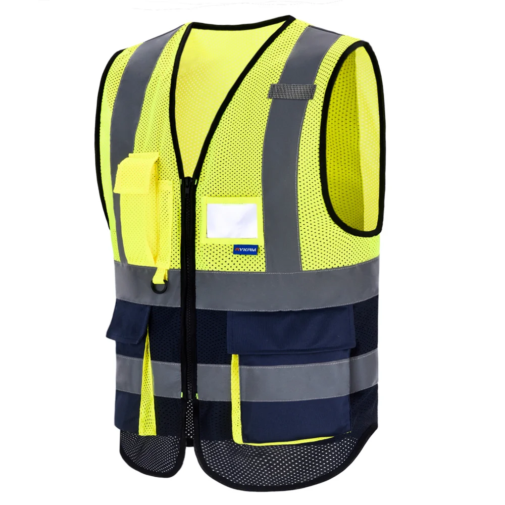 AYKRM 높은 가시성 반사 조끼 안전 지퍼 포켓 Hi Viz 보안 조끼 멀티 맞춤형 로고 건설