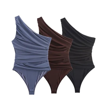 Summer Asymmetric Sleeveless Pleated Silk Mesh Bodysuit Women Single Shoulder Slim Fit Jumpsuit Female Beach Holidays Wear 2026 1