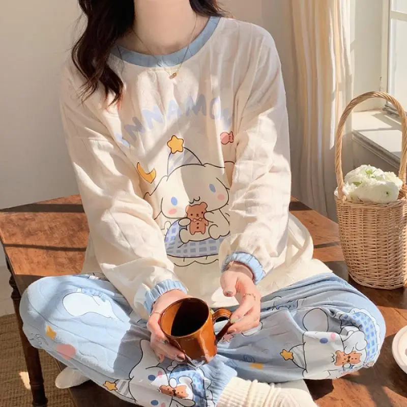 Cute Sanrioed Cartoon Kuromi Sleepwear Anime Cinnamoroll Pajamas Spring Autumn Printing Kawaii Homewear Sleepwear Suit Girl Gift fdfklak women pajamas set 2020 spring autumn new maternity pijamas suit cotton breastfeeding pajamas pregnant sleepwear