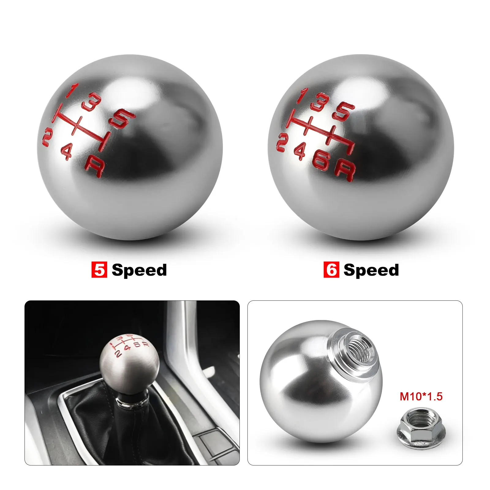 

5/6 Speed Gear Shift Knob Car Automatic Manual with M10 Adapter Silvery Round Ball Stick Shift Heads Replacement Shifter
