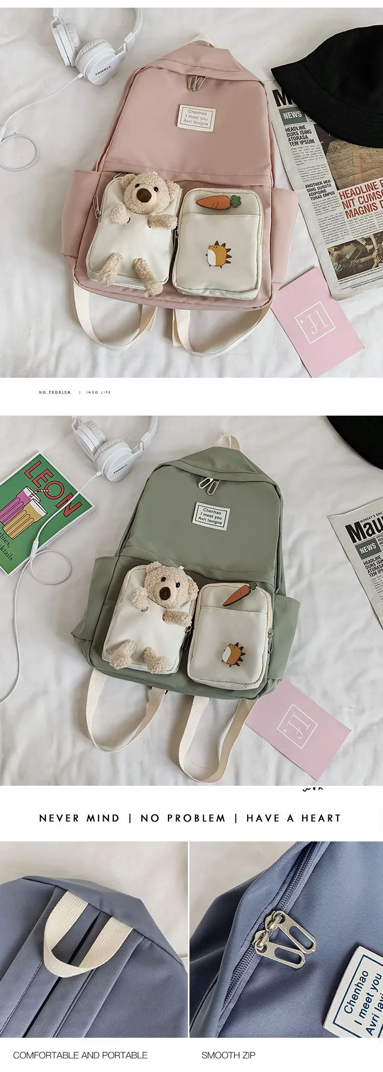 TINYAT Kawaii Bären-Rucksack, 15,6 Zoll, großes Fassungsvermögen, Teenager für Damen, Schultasche, leichter Laptop-Tagesrucksack, verstellbarer Riemen, süß – Detail 10
