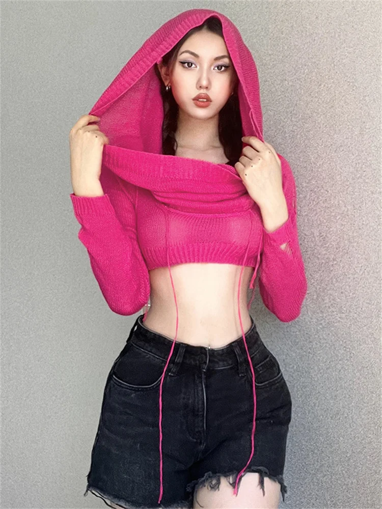 

Sexy Solid Pullover Hoodies Club Outfit for Women Long Sleeve Hooded Crop Top See Through Knit Hoodies Coquette Black Y2k Top