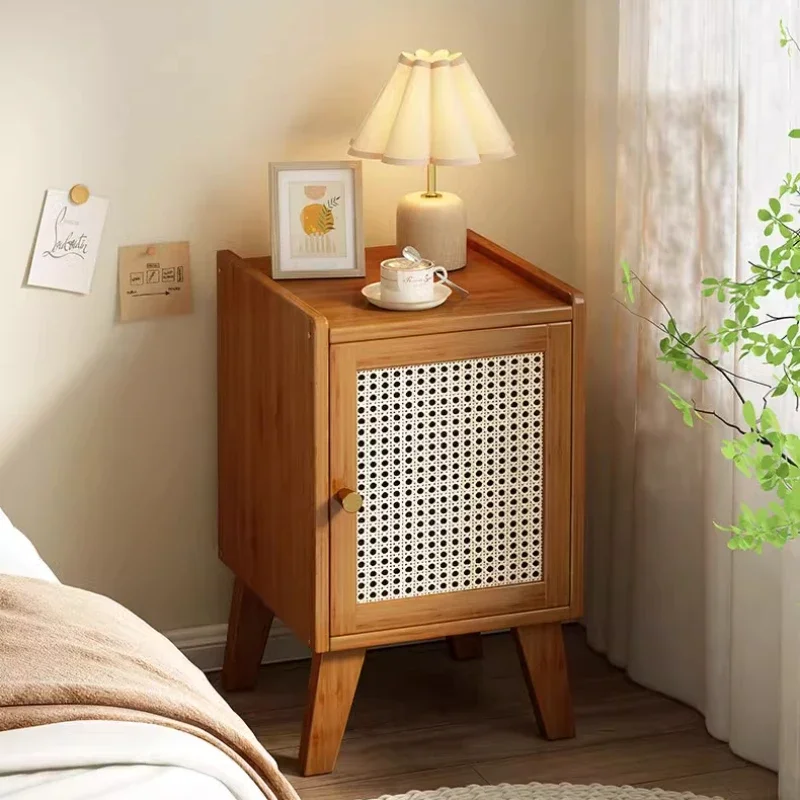 Modern Minimalist Bed End Storage Cabinet with High Sense Bedroom Bedside Table Furniture Thick Bamboo Narrow Slit Night Tables