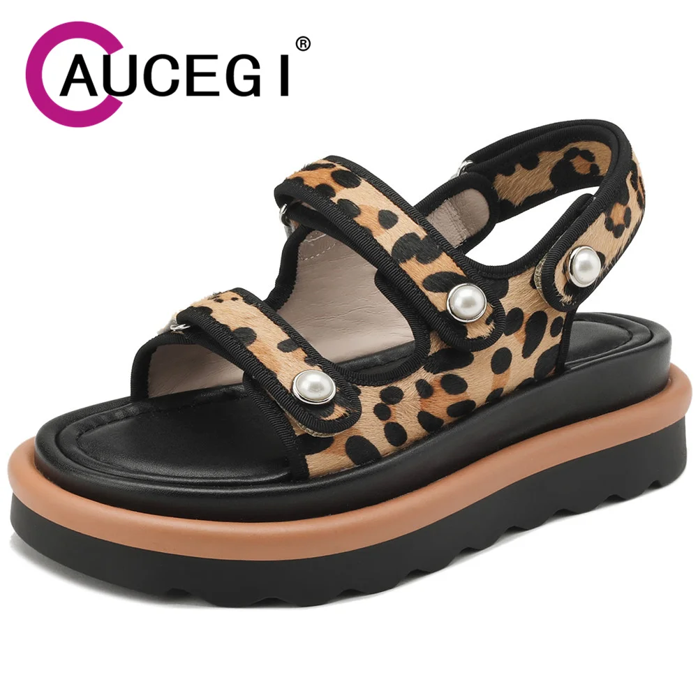 

Aucegi Luxury Leopard Women Platform Flat Gladiator Sandals 2023 Summer Brand Designer INS Style Pearl Studded Casual Shoes