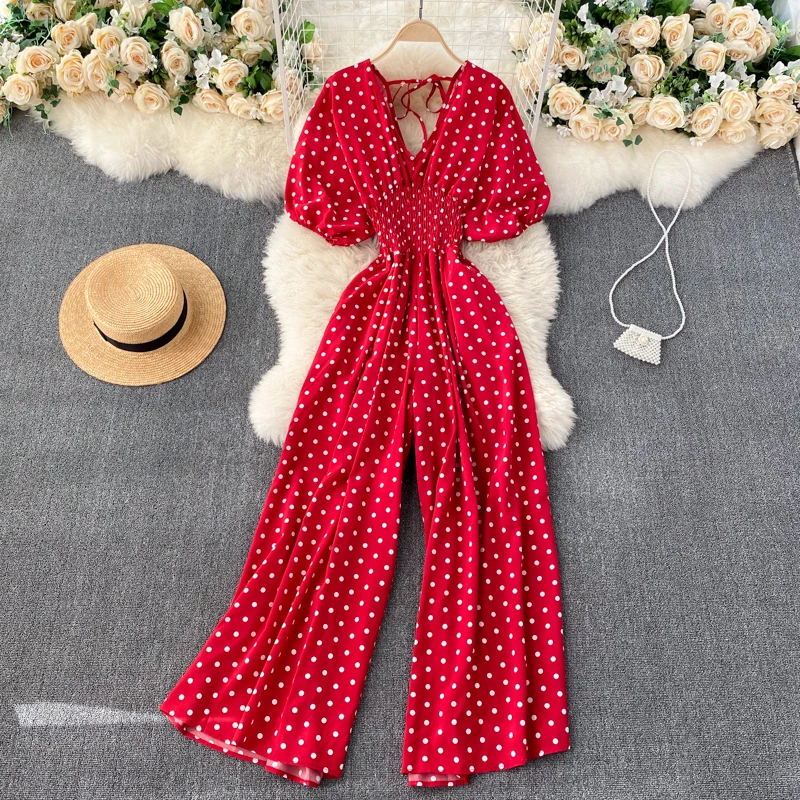 

Women Elegant Polka Dot Romper Sexy V-Neck Puff Short Sleeve High Waist Jumpsuit Female Casual Loose Wide Leg Playsuits Fashion