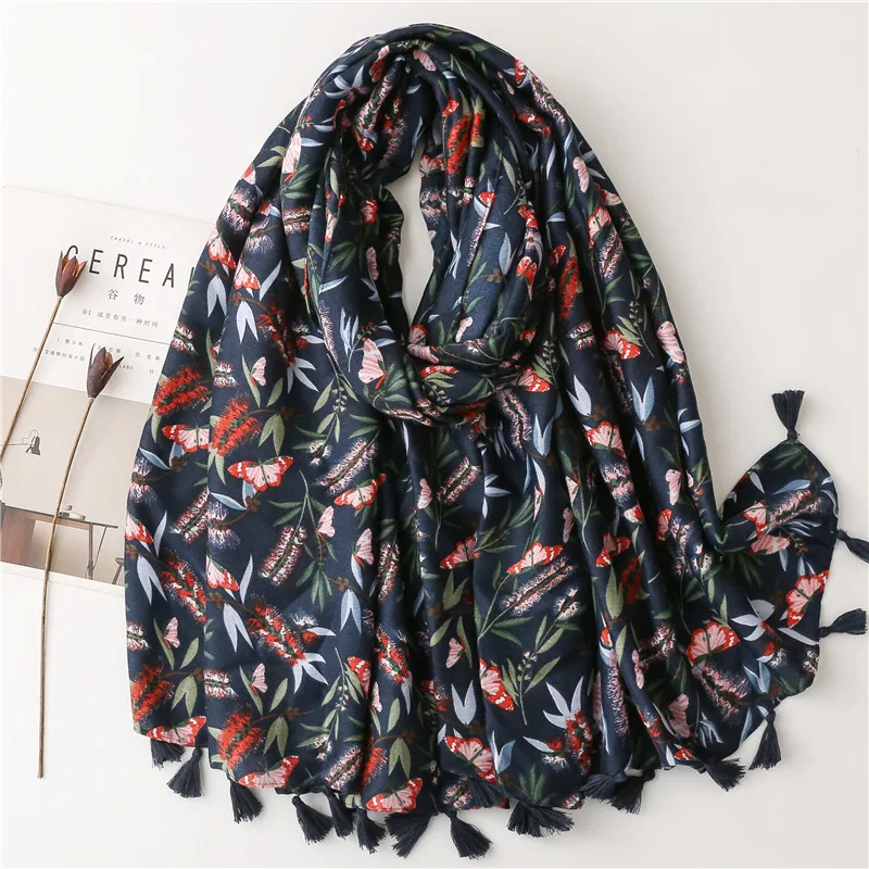 Fashion Women Spring Autumn Viscose Scarf Shawl Small Cherry Floral Tassel Pashmina Stole Wrap Echarpe Foulard Muslim Hijab Caps 6