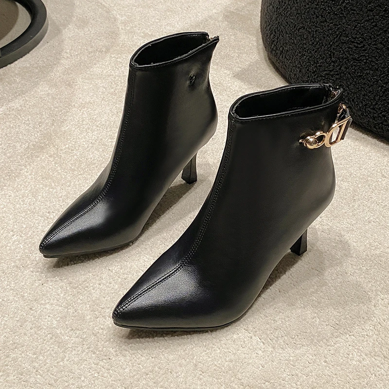 2024 Autumn Stiletto Thin High Heels Woman Pointed Toe Pu Leather Zipper Sexy Ankle Boots_voghion.com