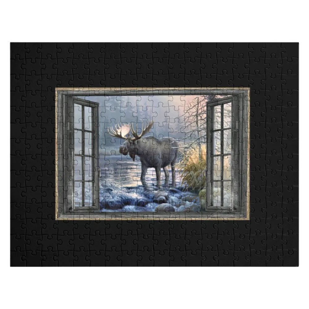 Wood Window Moose by the stream In The Forest Gift Jigsaw Puzzle Personalized Name Puzzle Customized Toys For Kids Custom Gifts