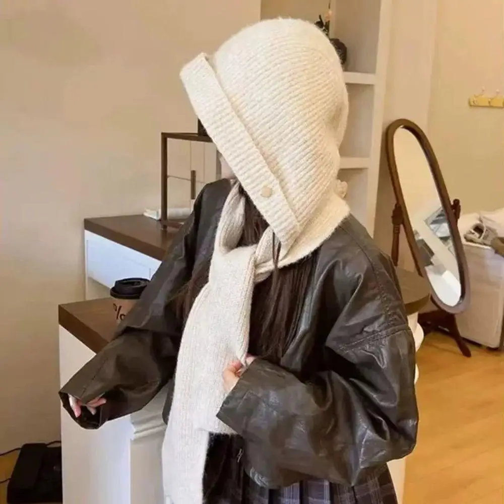 Korean Balaclava Bonnet Women Skullies Beanies Hat Scarf One-piece Thickened Warm Neck Protection Winter Scarf Integrated Cap