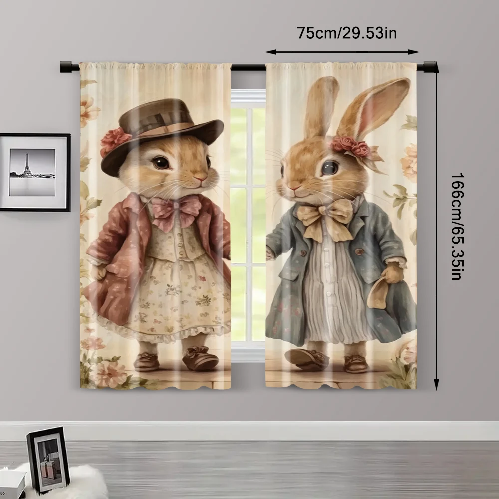 2pcs, Popular Curtain Panels 2D print Two rabbits holding hands Machine Washable Fabric (without rod) Thermal Insulation, and 3