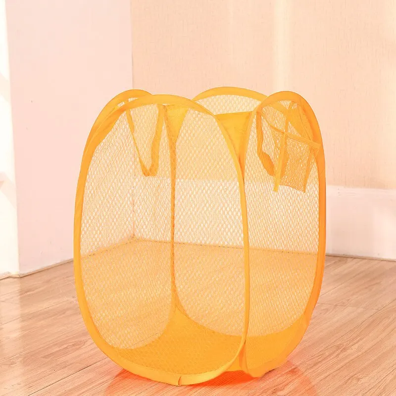 1pc Yellow Laundry Basket Buggy Bag Foldable Japanese Color Net Laundry Basket Debris Storage Clothing Storage